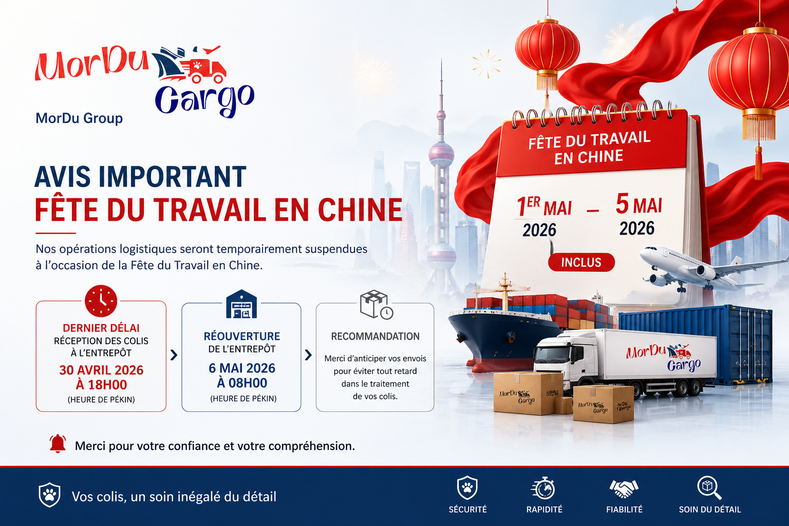 Avis de fermeture MorDu Cargo pour la Fête du Travail en Chine avec délai de réception des colis