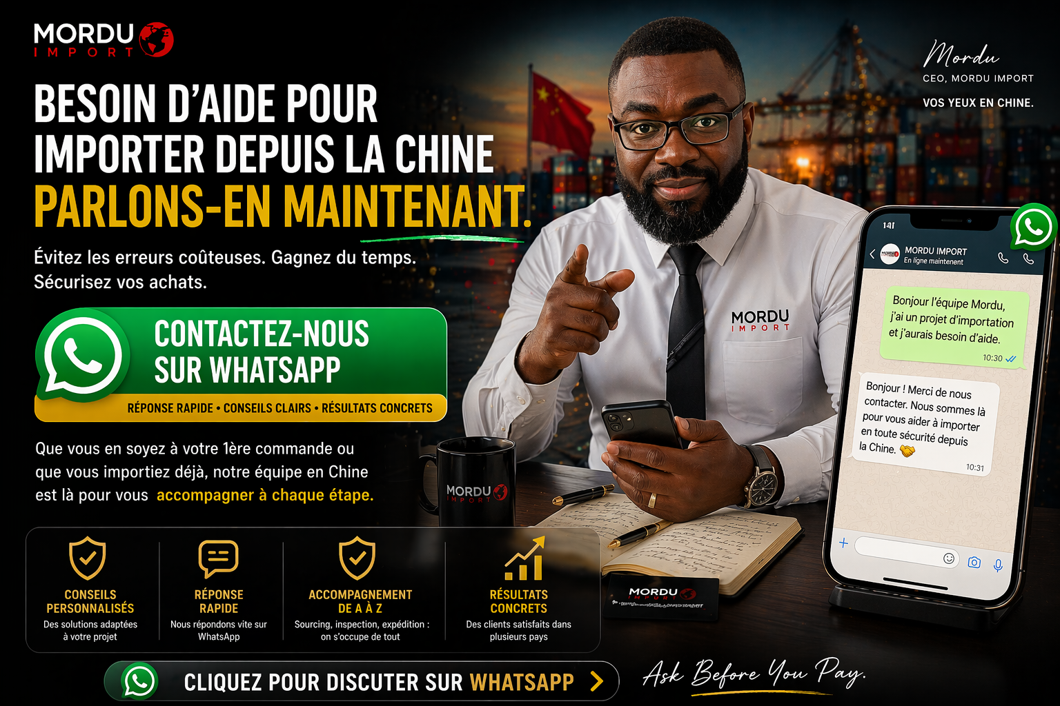 contact WhatsApp import Chine MorDu Group aide sourcing fournisseur Chine sécuriser import Alibaba