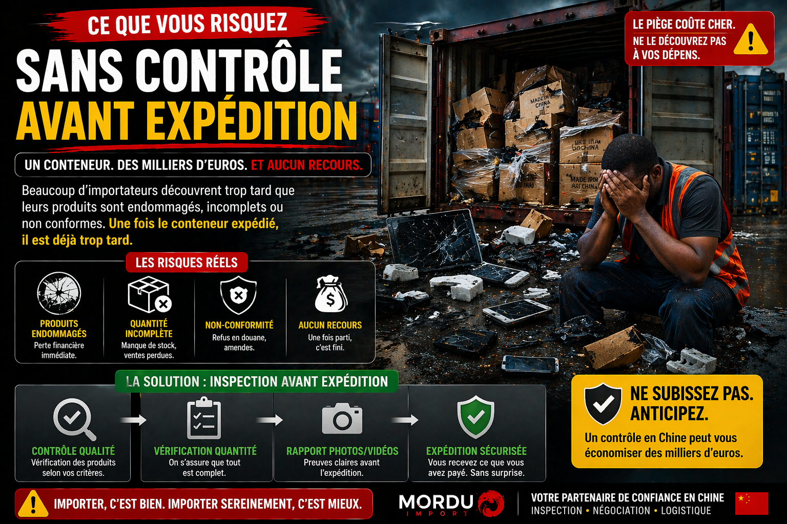 marchandise défectueuse Chine container problème import erreur sans inspection qualité Alibaba perte argent