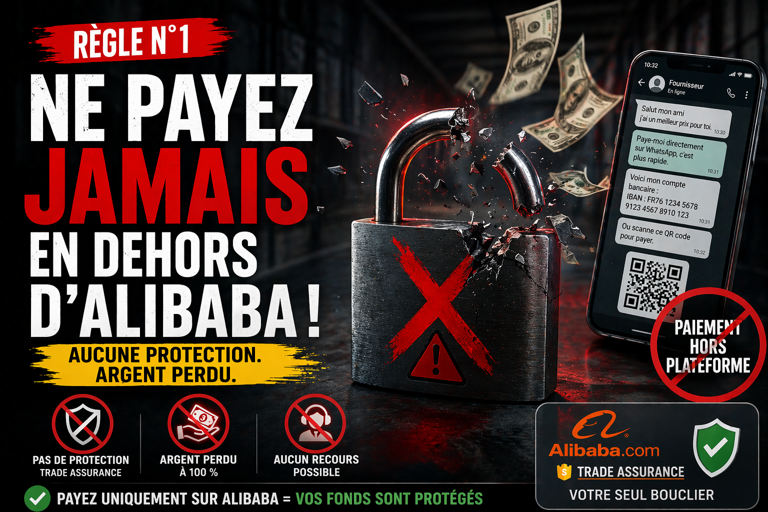 ne jamais payer hors Alibaba danger paiement fournisseur Chine arnaque import Chine sécuriser paiement Alibaba