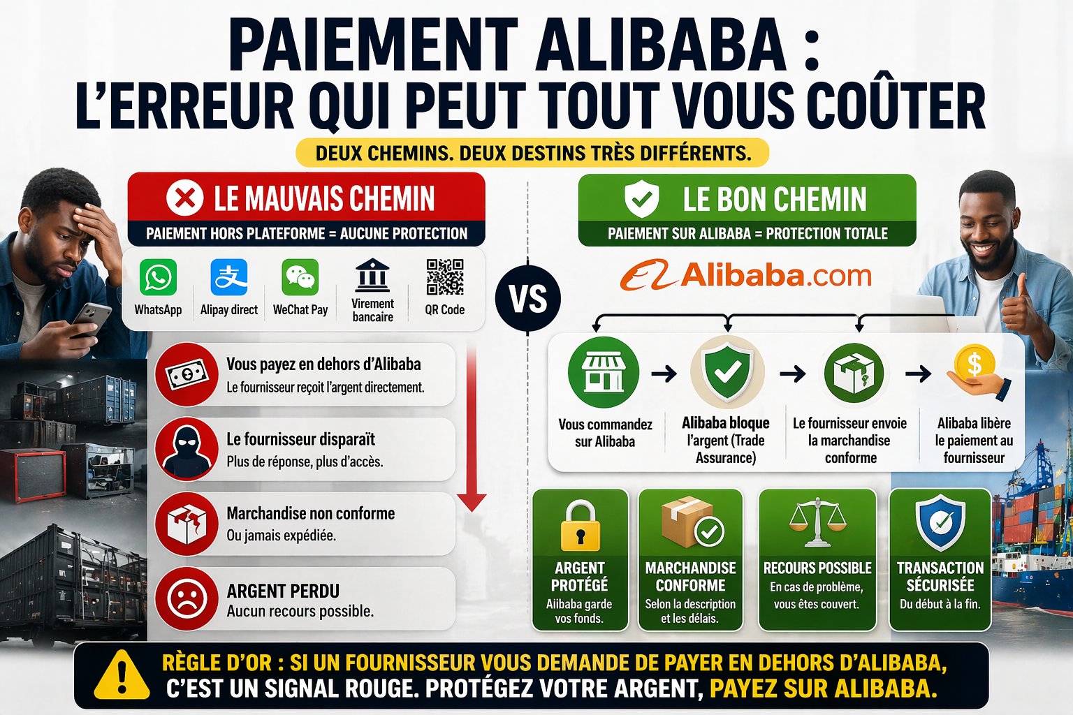 paiement Alibaba vs paiement hors plateforme comparaison sécurité import Chine Trade Assurance protection fournisseur